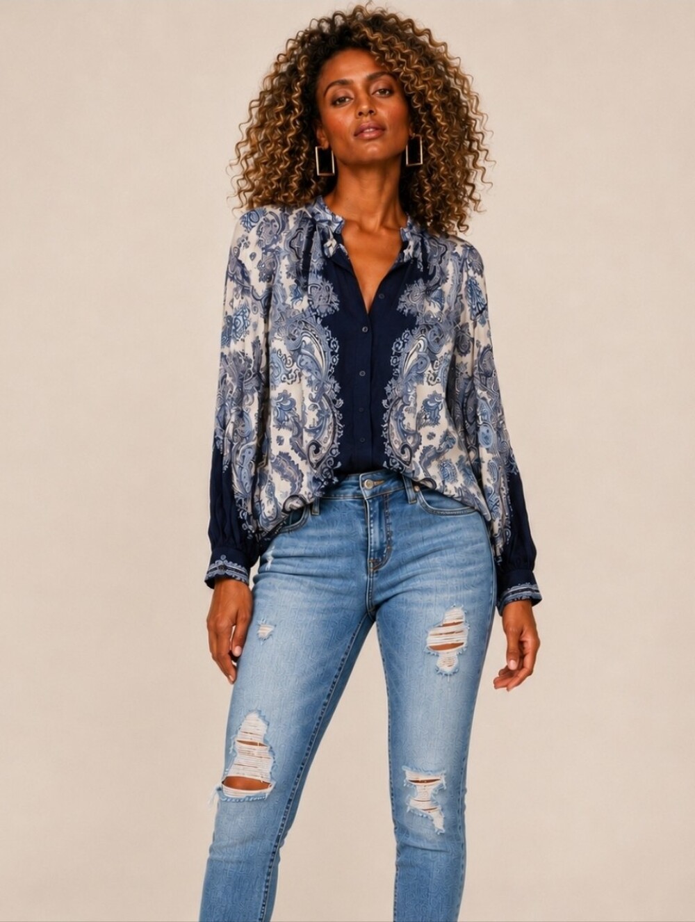 H&M Navy & White Paisley Button-Front Women's Long Sleeves Blouse Small NEW